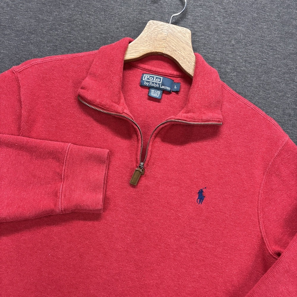 VTG Polo Ralph Lauren Sweater Mens L Red Quarter Zip Mock Neck Pullover Pony Y2K